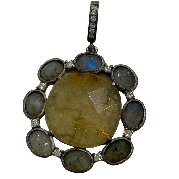 Rutilated Quartz Labradorite Diamond Pendant Sterling Silver Pendant - Picture 1 of 7
